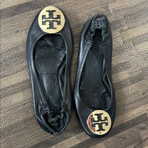 Tory Burch Leather Black Flats with Gold Emblem